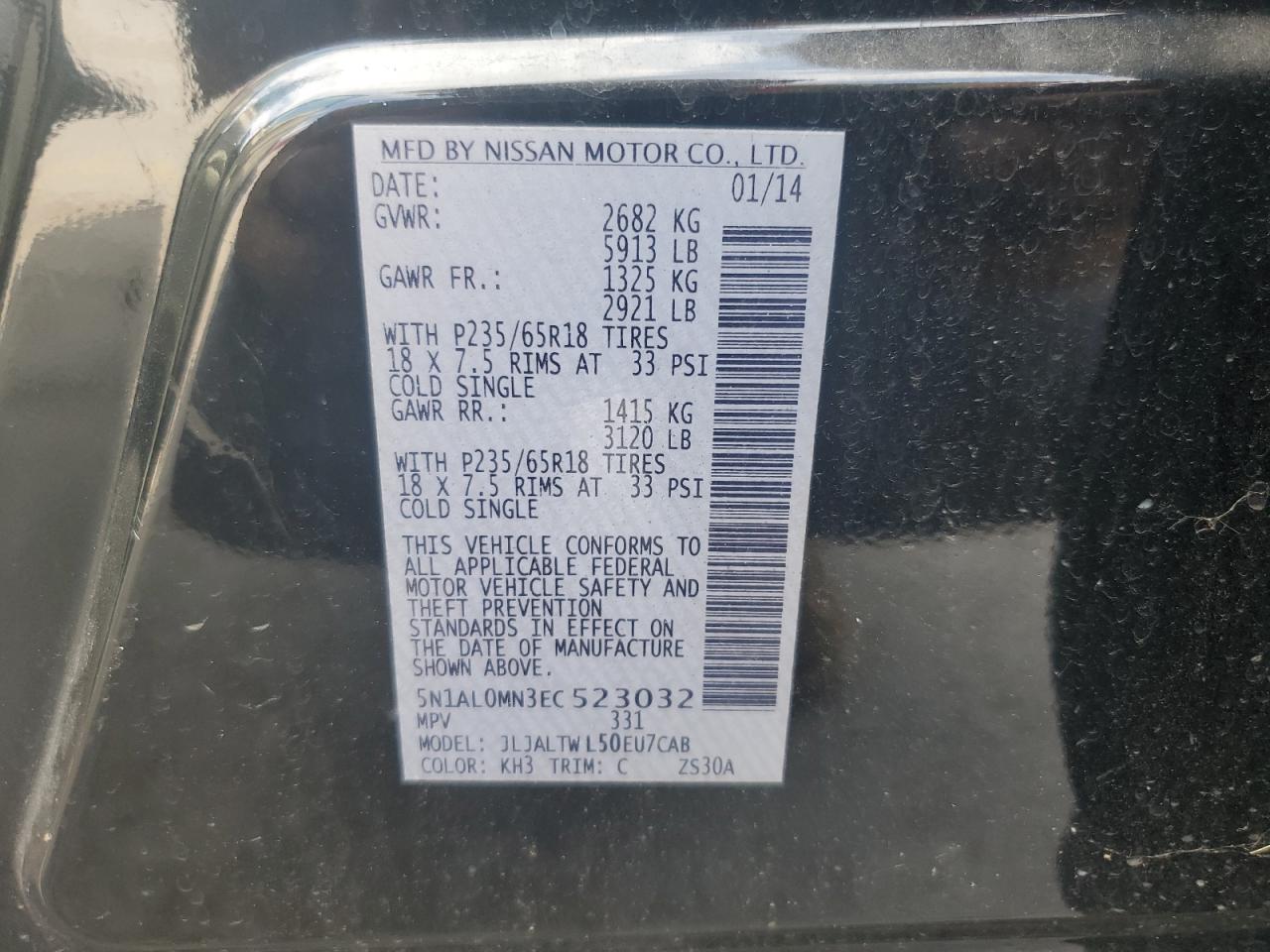 2014 Infiniti Qx60 VIN: 5N1AL0MN3EC523032 Lot: 65251795