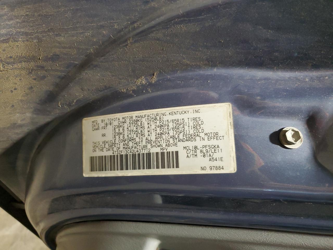 2002 Toyota Sienna Le VIN: 4T3ZF13C42U437712 Lot: 64836245