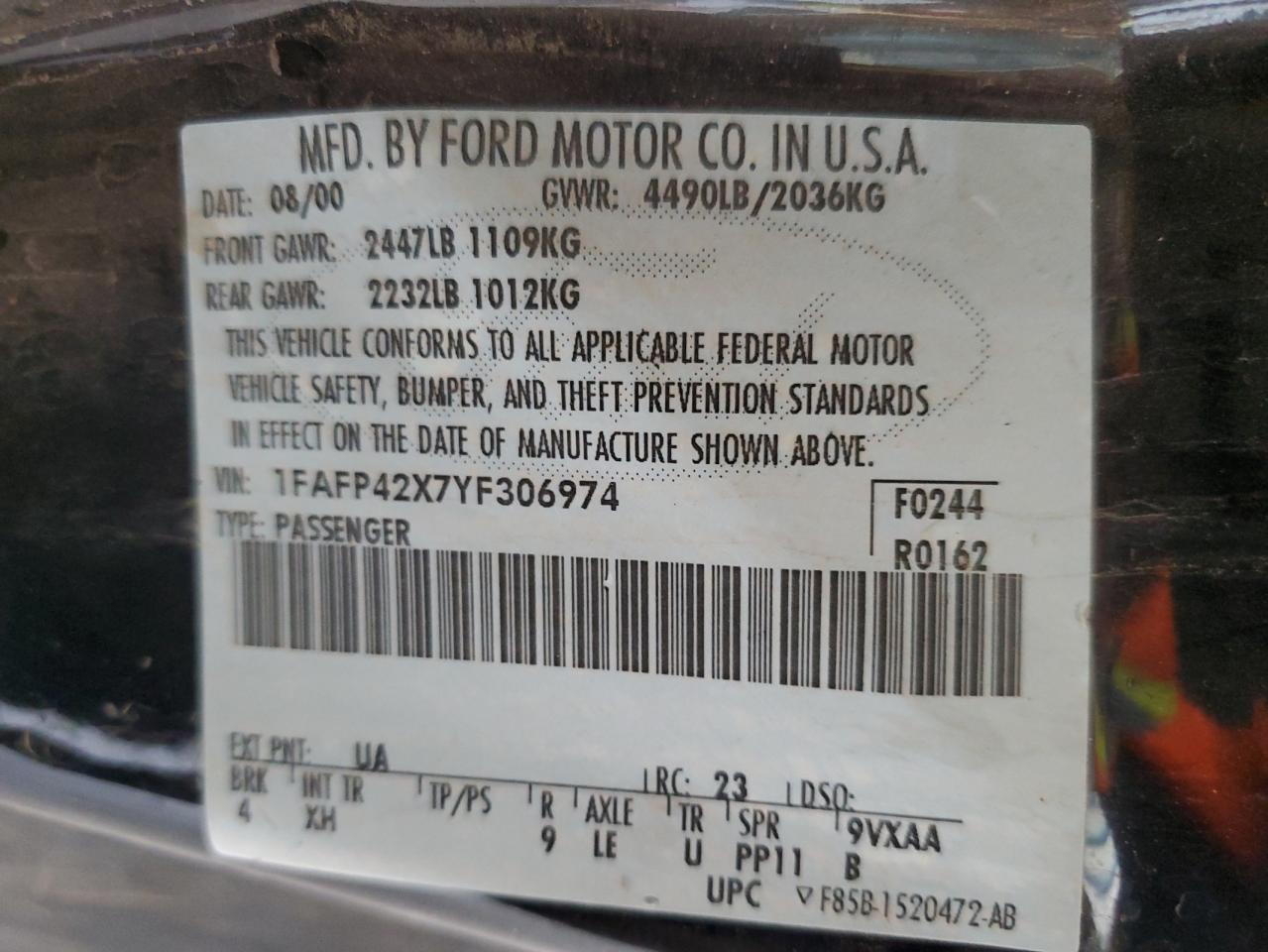 2000 Ford Mustang Gt VIN: 1FAFP42X7YF306974 Lot: 63713835