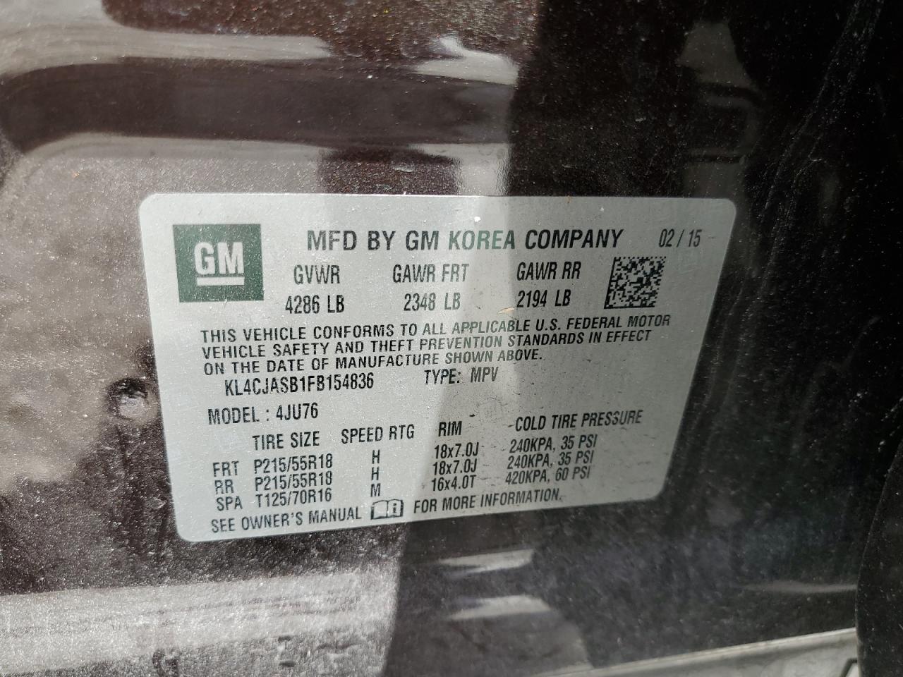 2015 Buick Encore VIN: KL4CJASB1FB154836 Lot: 66996875