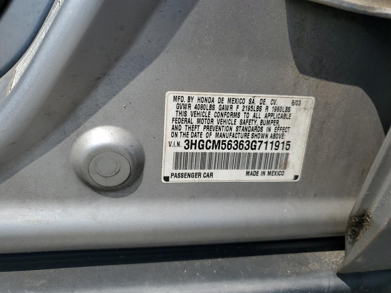 2003 Honda Accord Lx VIN: 3HGCM56363G711915 Lot: 65506705