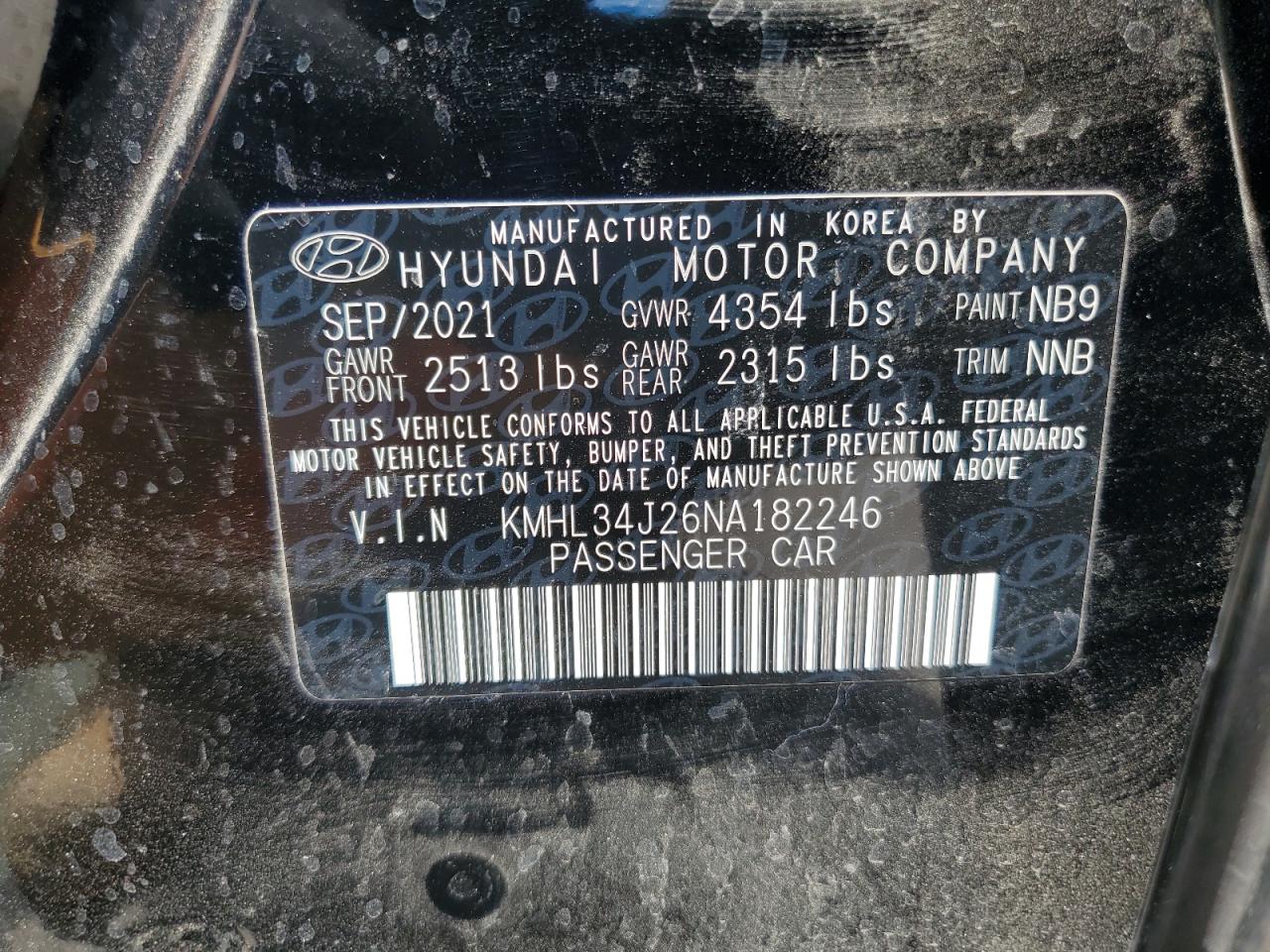 2022 Hyundai Sonata Limited VIN: KMHL34J26NA182246 Lot: 65453665