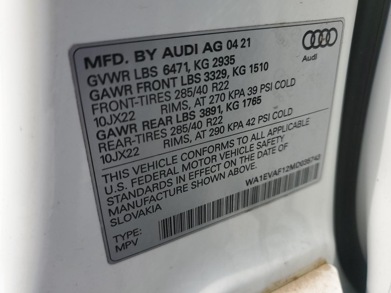 2021 Audi Q8 Premium Plus S-Line VIN: WA1EVAF12MD035743 Lot: 63966625
