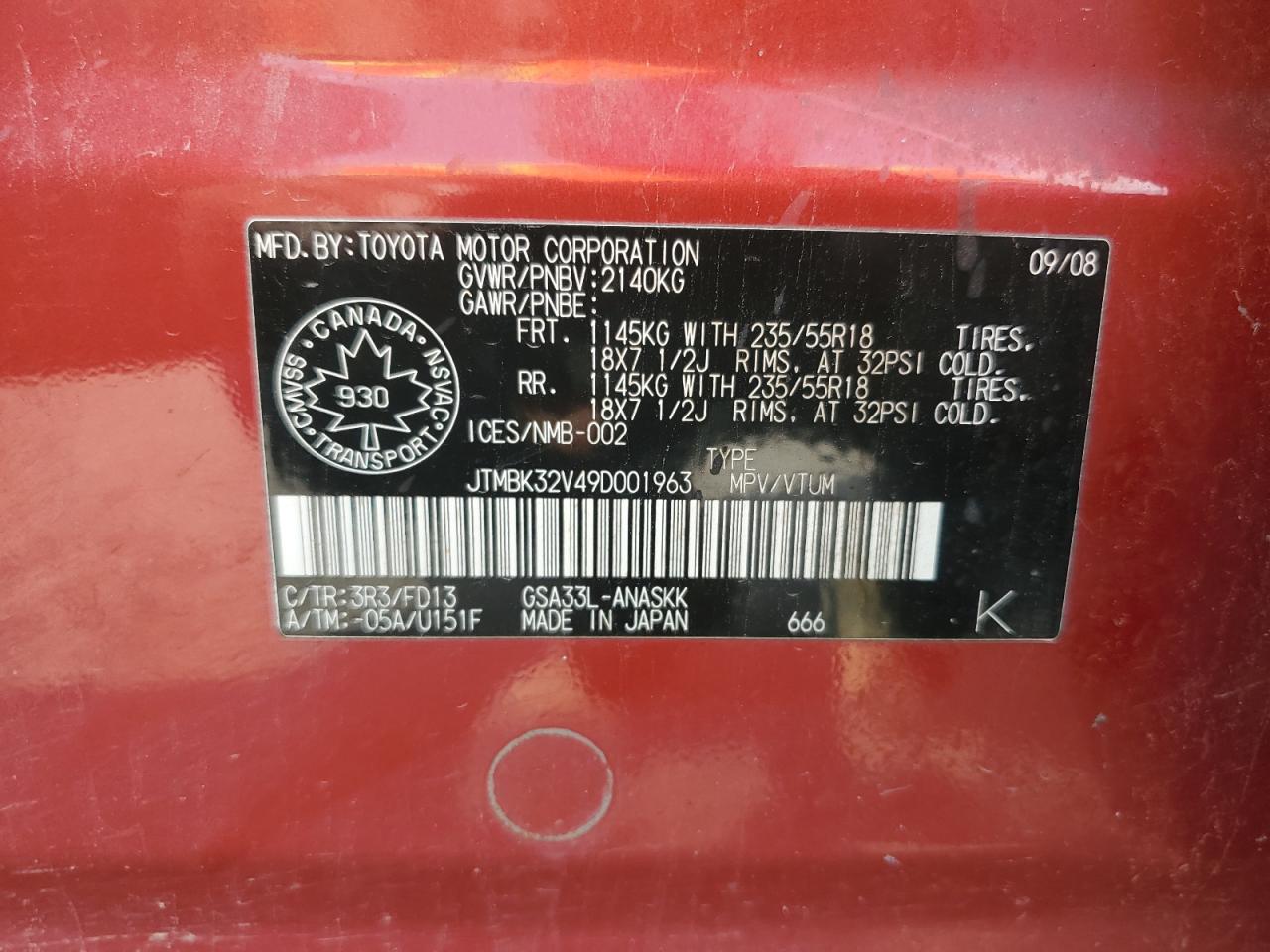 2009 Toyota Rav4 Sport VIN: JTMBK32V49D001963 Lot: 62999875