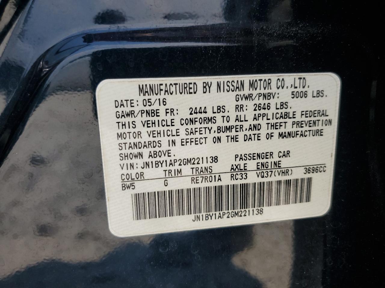 2016 Infiniti Q70 3.7 VIN: JN1BY1AP2GM221138 Lot: 63780435