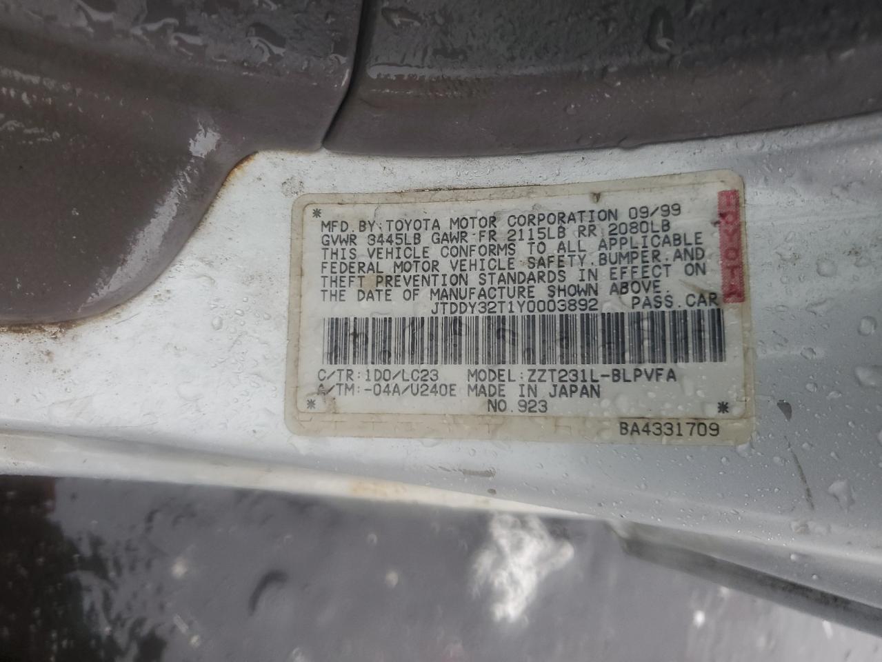 2000 Toyota Celica Gt-S VIN: JTDDY32T1Y0003892 Lot: 63127825