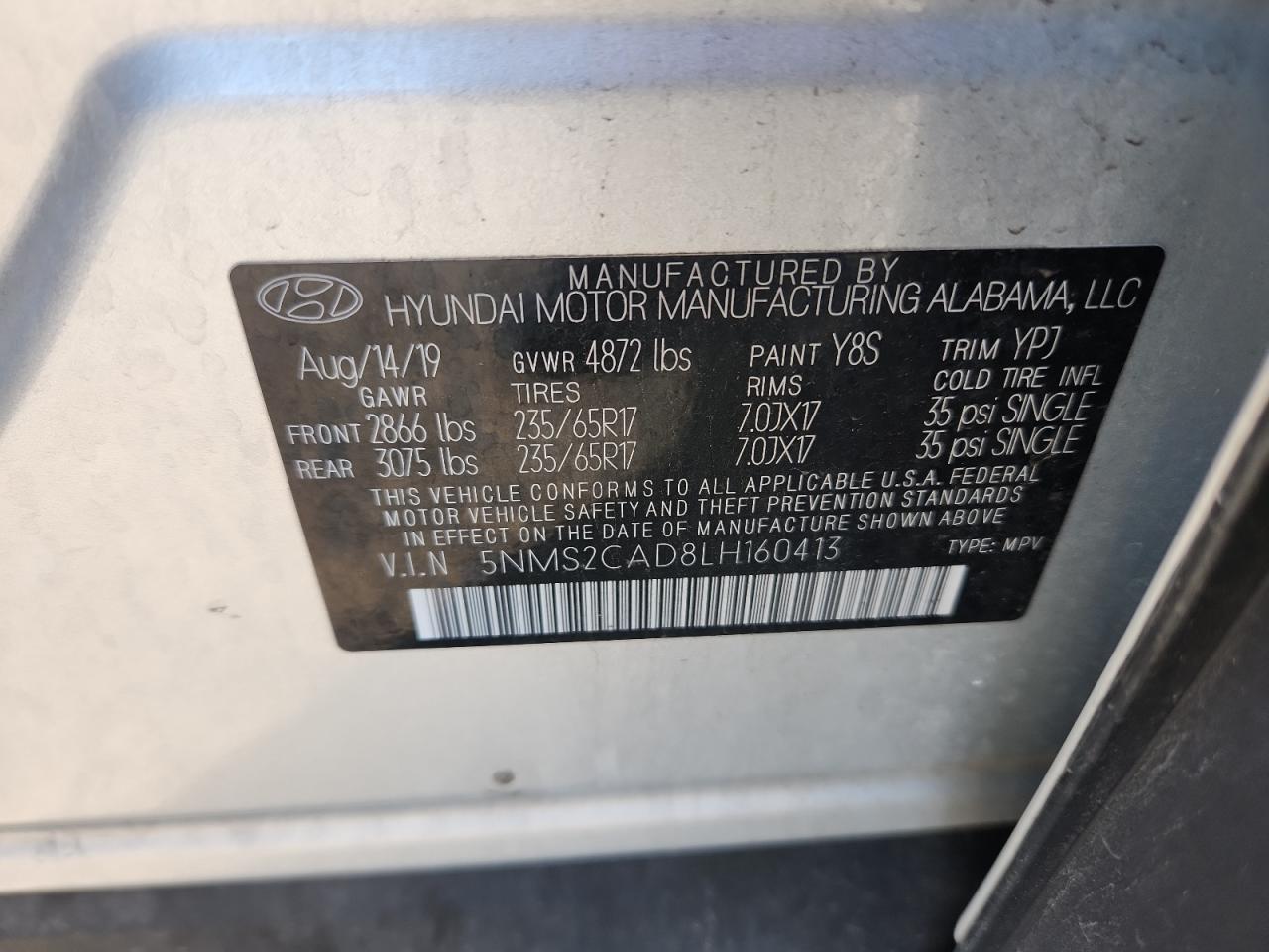 2020 Hyundai Santa Fe Se VIN: 5NMS2CAD8LH160413 Lot: 63043955
