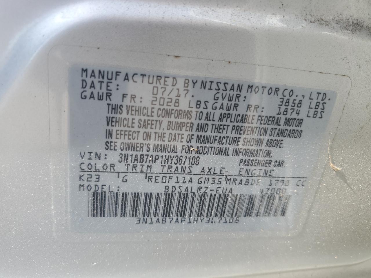 2017 Nissan Sentra S VIN: 3N1AB7AP1HY367108 Lot: 63032705