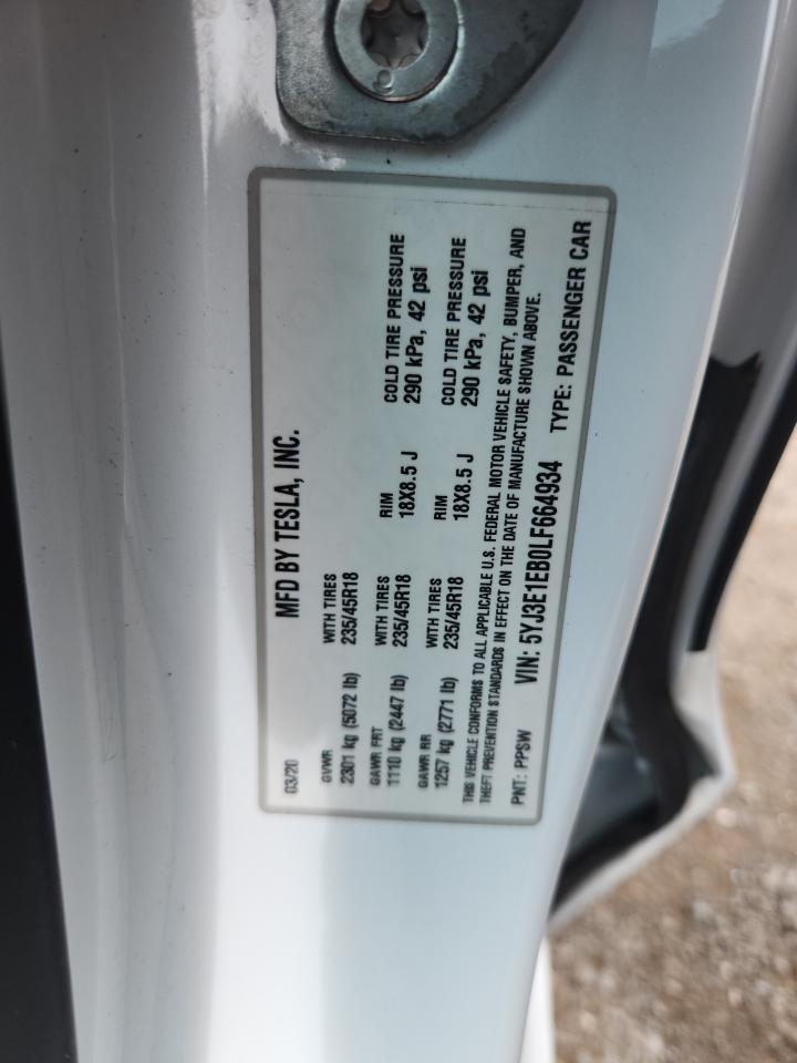 2020 Tesla Model 3 VIN: 5YJ3E1EB0LF664934 Lot: 64796165