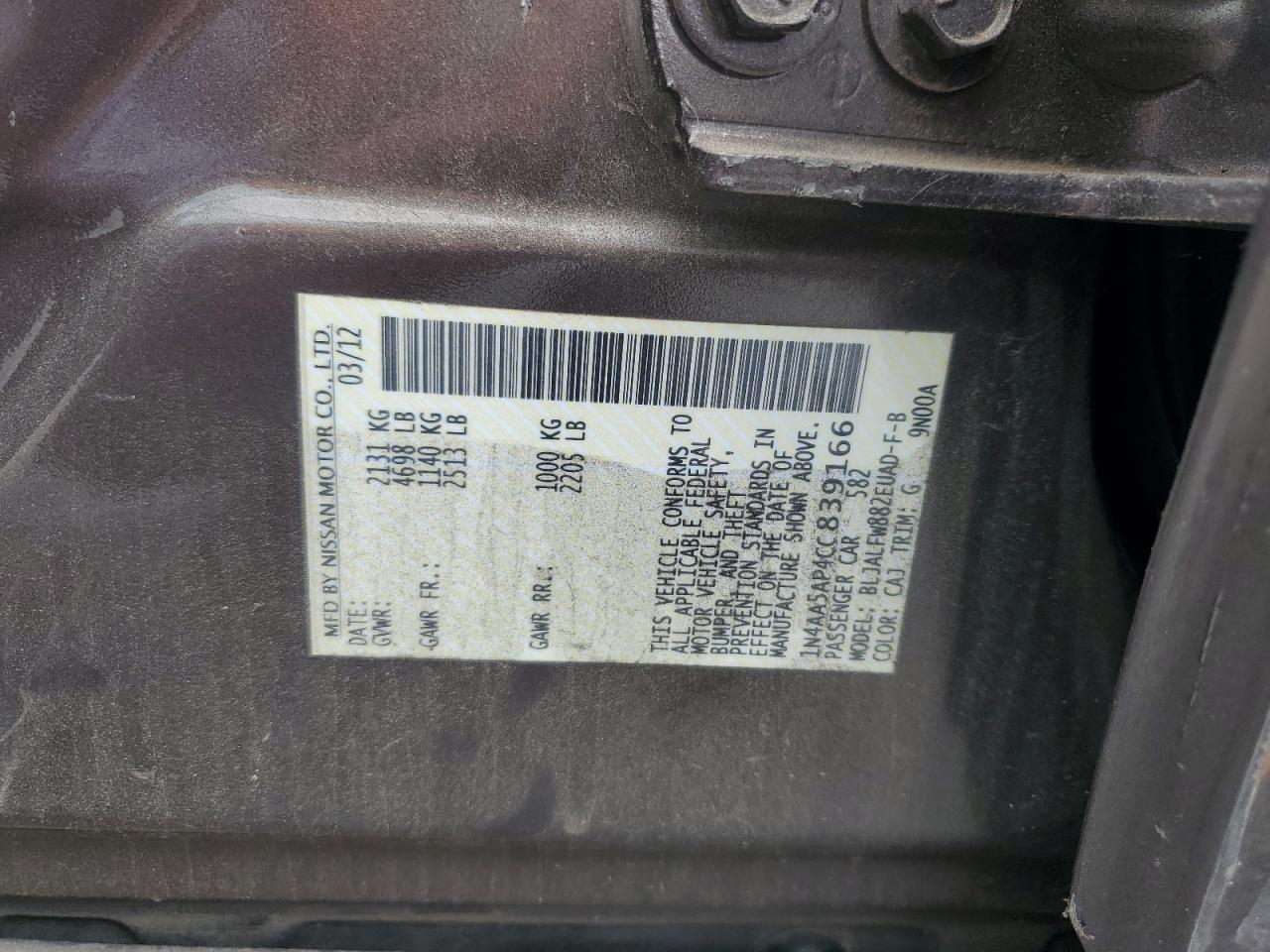 2012 Nissan Maxima S VIN: 1N4AA5AP4CC839166 Lot: 64668885