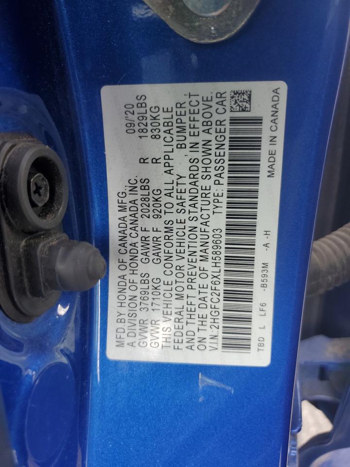 2020 Honda Civic Lx VIN: 2HGFC2F6XLH589603 Lot: 64903835