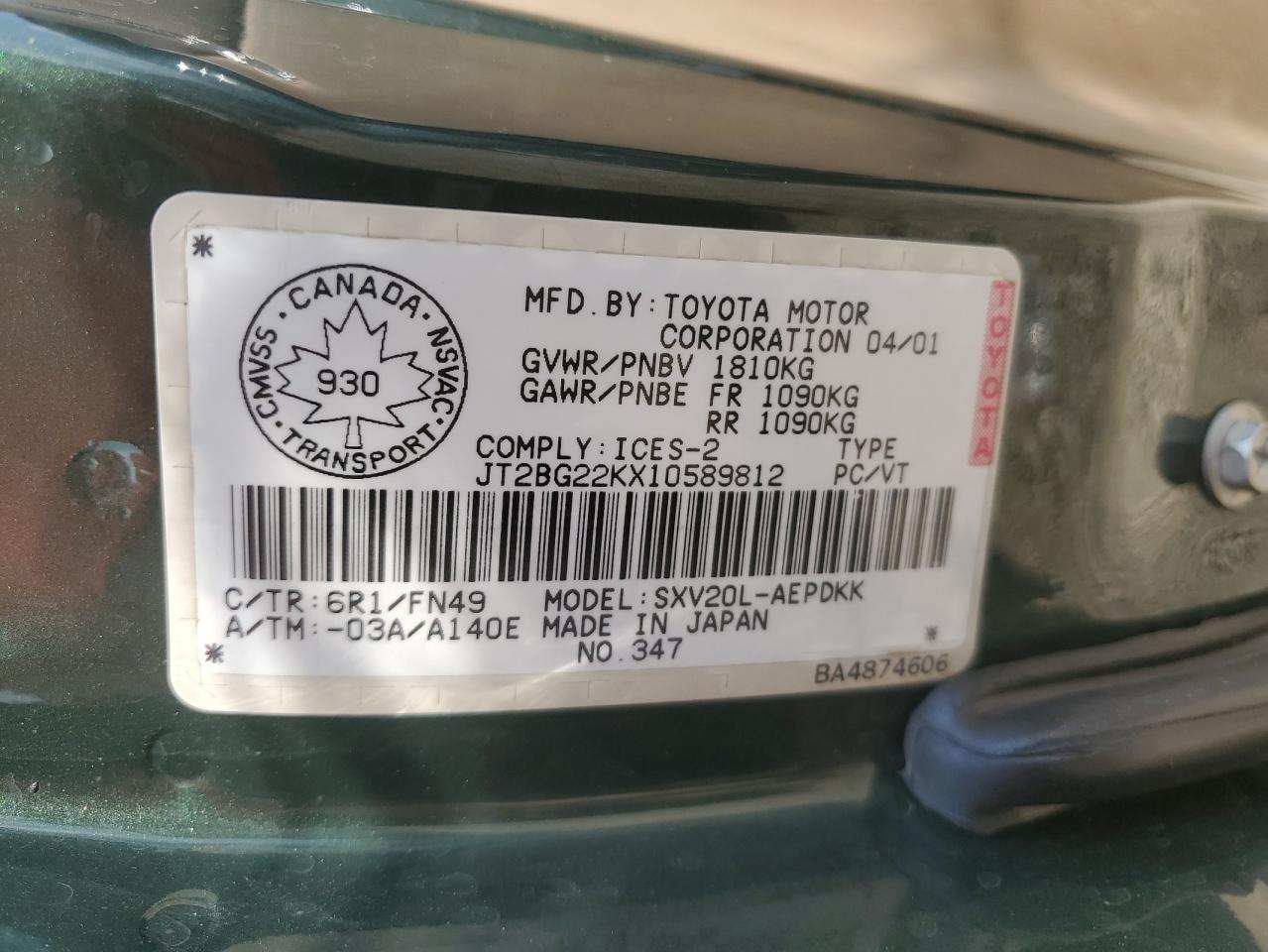 2001 Toyota Camry Ce VIN: JT2BG22KX10589812 Lot: 65525055