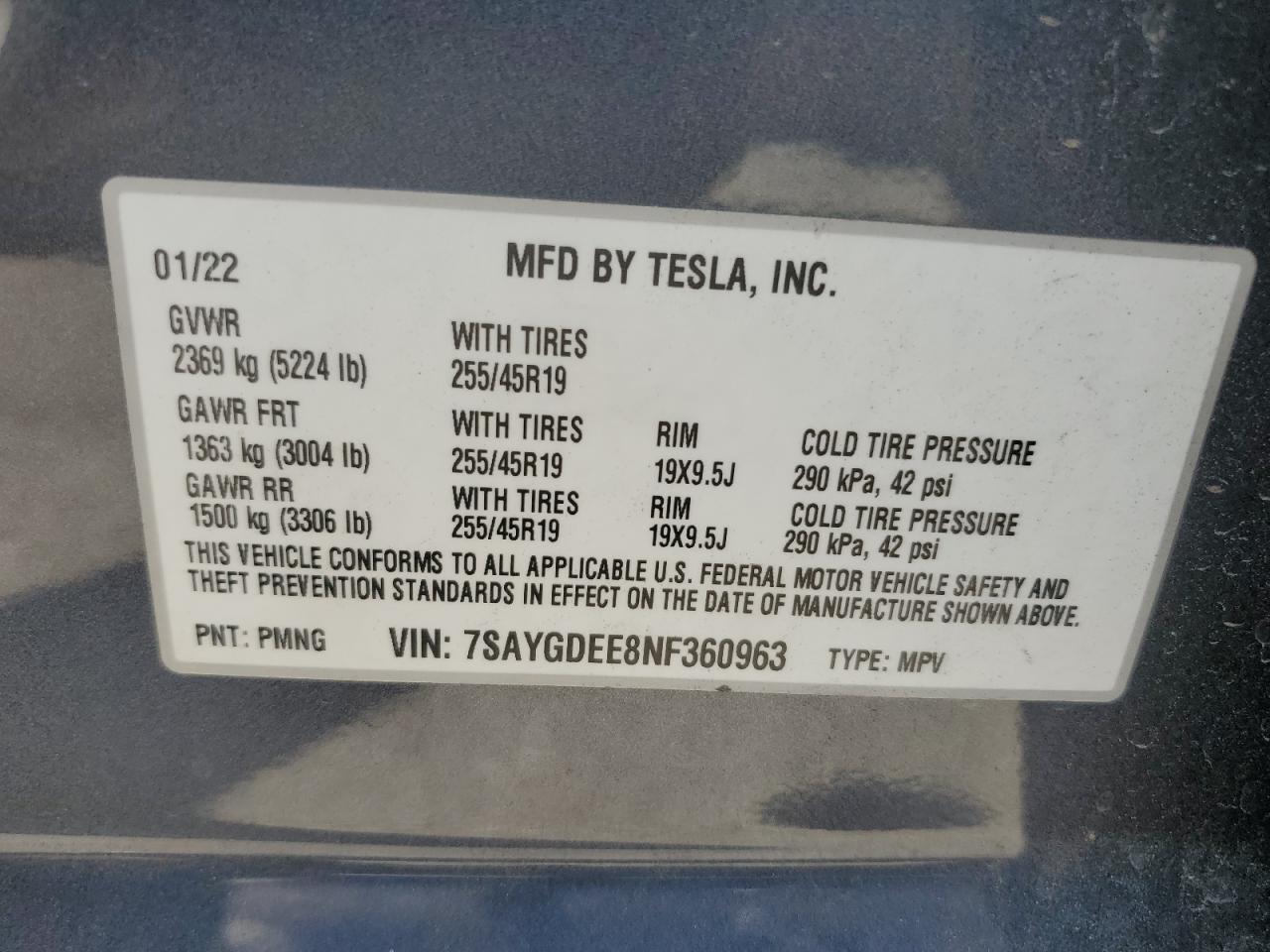 2022 Tesla Model Y VIN: 7SAYGDEE8NF360963 Lot: 63638195