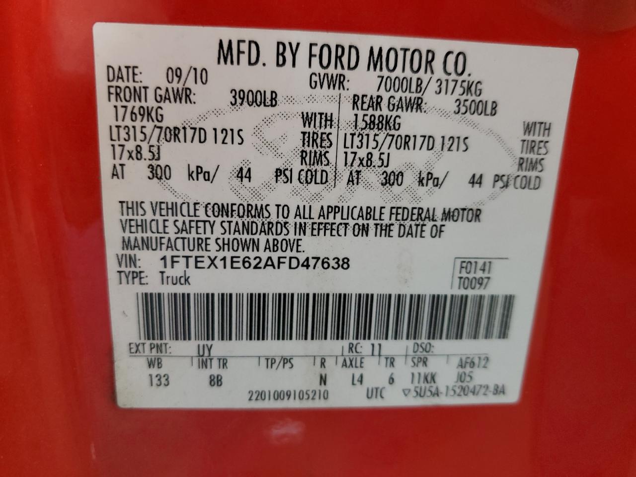 2010 Ford F150 Super Cab VIN: 1FTEX1E62AFD47638 Lot: 64957745