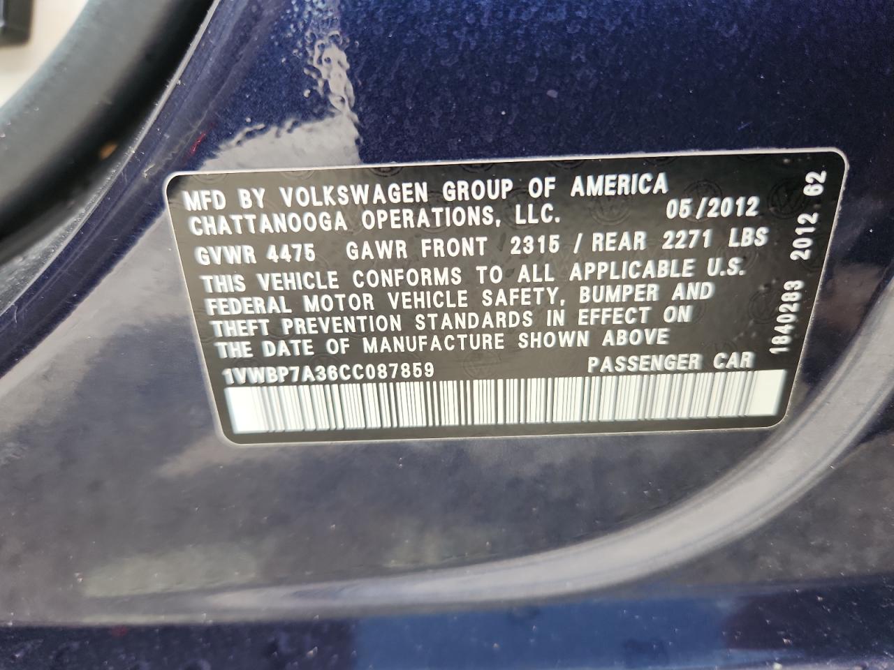 2012 Volkswagen Passat Se VIN: 1VWBP7A36CC087859 Lot: 64724015