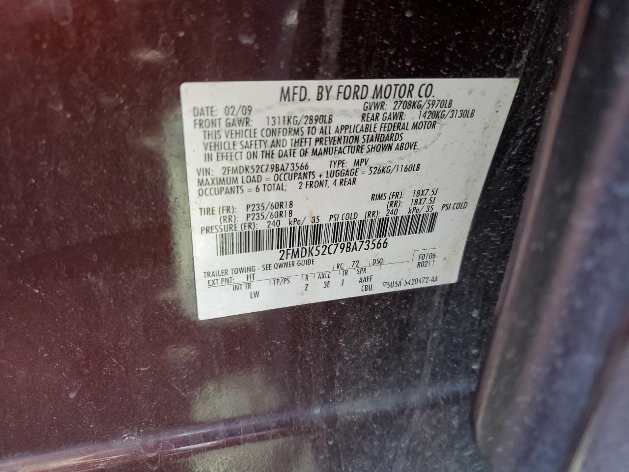 2009 Ford Flex Sel VIN: 2FMDK52C79BA73566 Lot: 63725365
