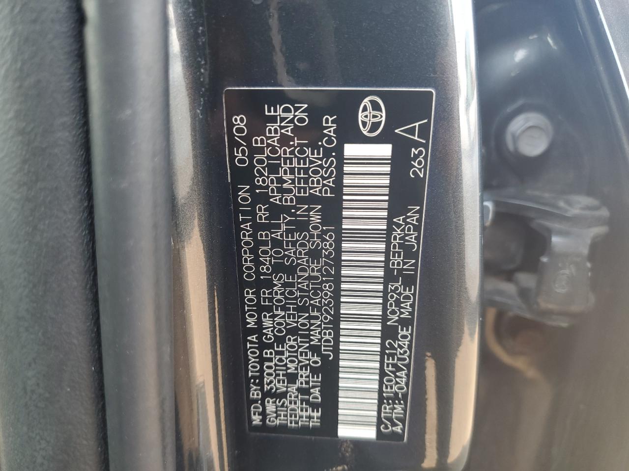 2008 Toyota Yaris VIN: JTDBT923981273861 Lot: 65060005