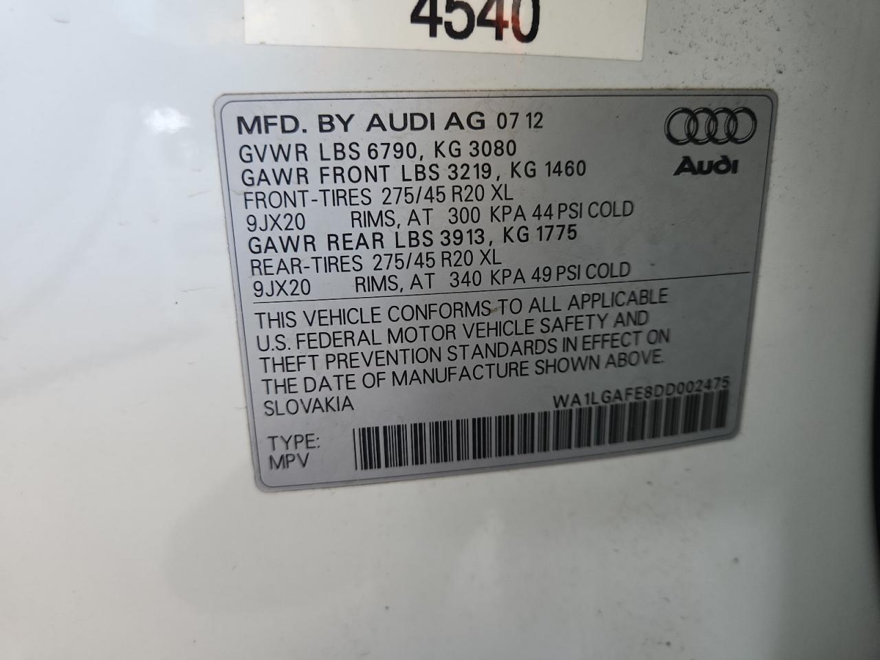 2013 Audi Q7 Premium Plus VIN: WA1LGAFE8DD002475 Lot: 65702495
