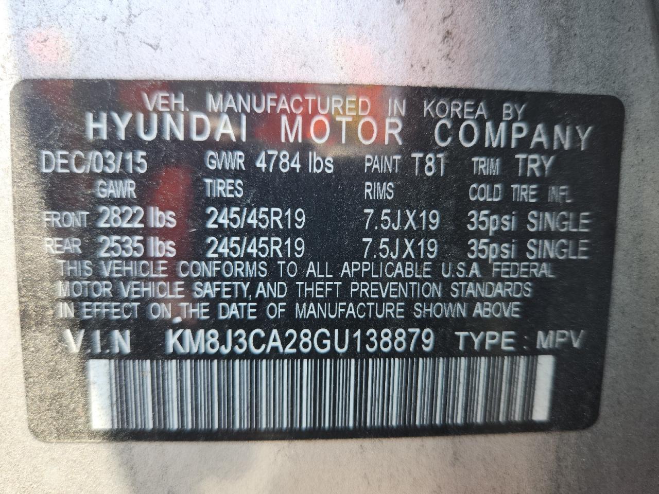 2016 Hyundai Tucson Limited VIN: KM8J3CA28GU138879 Lot: 63898525