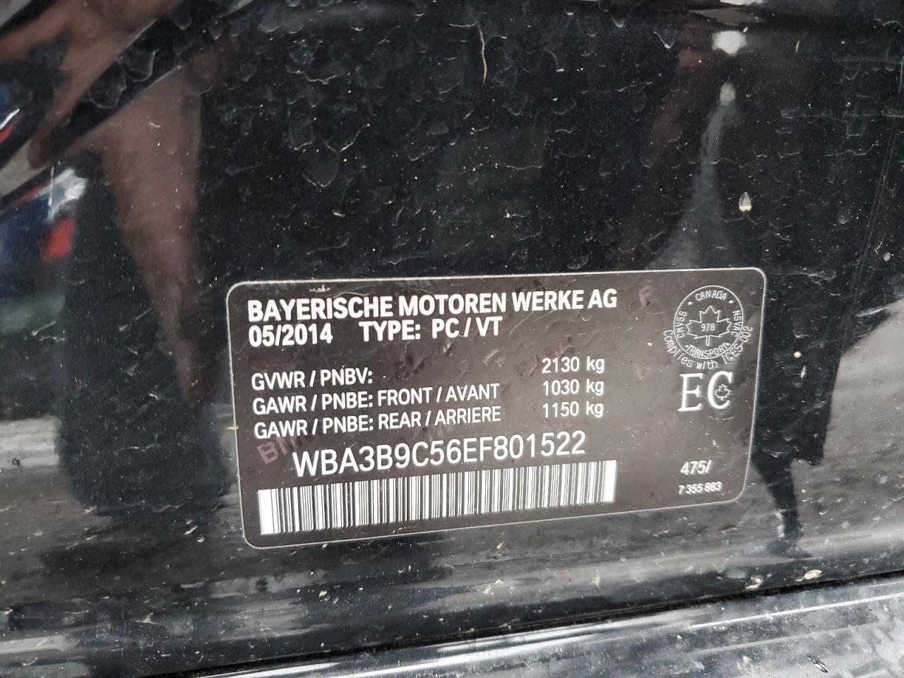 2014 BMW 335 Xi VIN: WBA3B9C56EF801522 Lot: 66023665