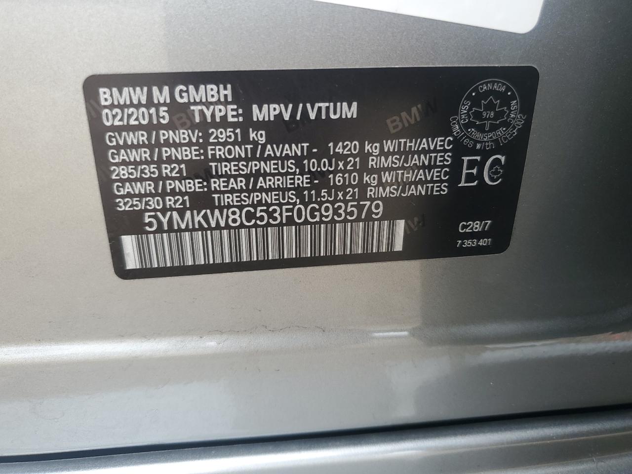 2015 BMW X6 M VIN: 5YMKW8C53F0G93579 Lot: 63656745