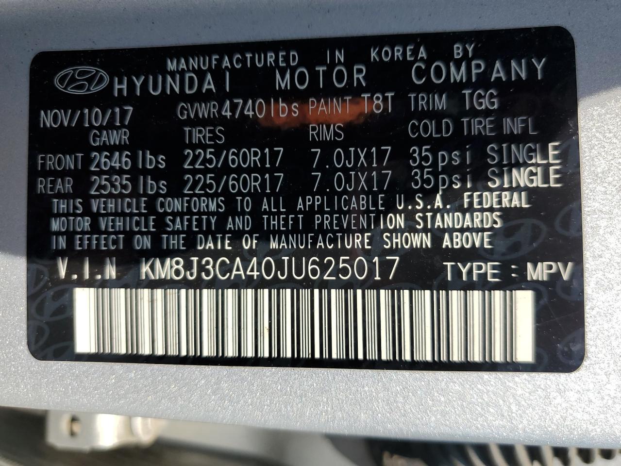 km8j3ca40ju625017 KM8J3CA40JU625017 2018 Hyundai Tucson Sel