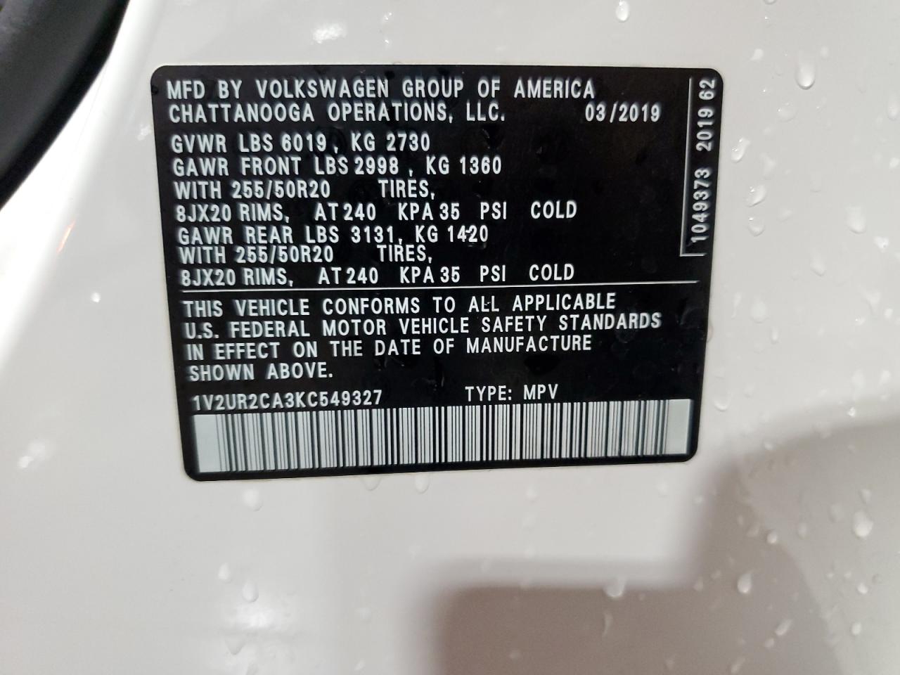 2019 Volkswagen Atlas Se VIN: 1V2UR2CA3KC549327 Lot: 62907395