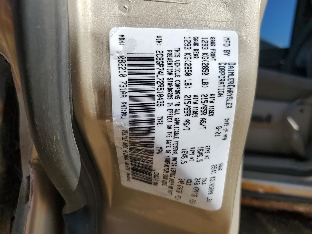 2002 Chrysler Town & Country Ex VIN: 2C8GP74L72R518439 Lot: 62774925