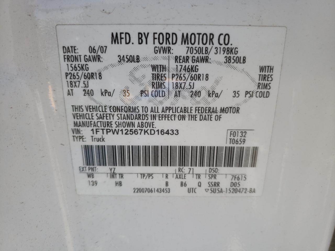 2007 Ford F150 Supercrew VIN: 1FTPW12567KD16433 Lot: 64198635