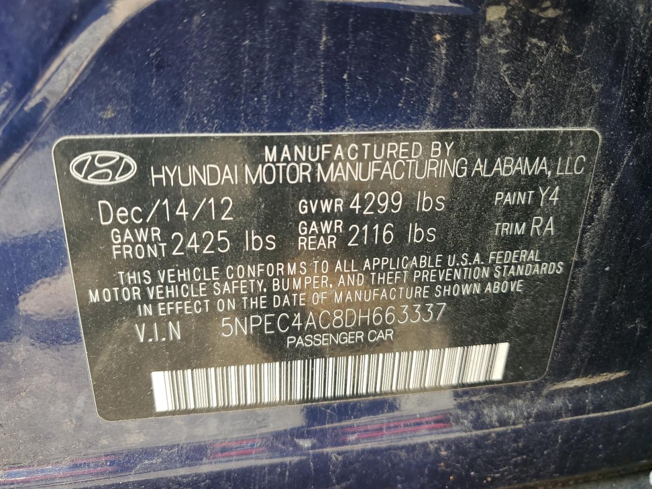 2013 Hyundai Sonata Se VIN: 5NPEC4AC8DH663337 Lot: 65202705