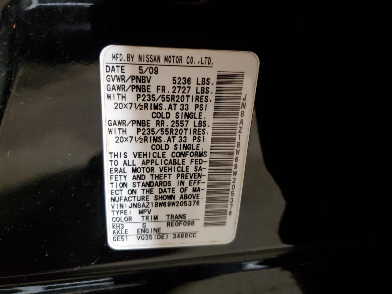 JN8AZ18W69W205376 2009 Nissan Murano S