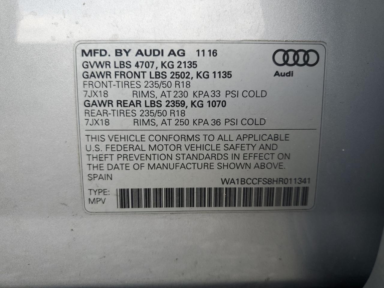 2017 Audi Q3 Premium VIN: WA1BCCFS8HR011341 Lot: 63575795