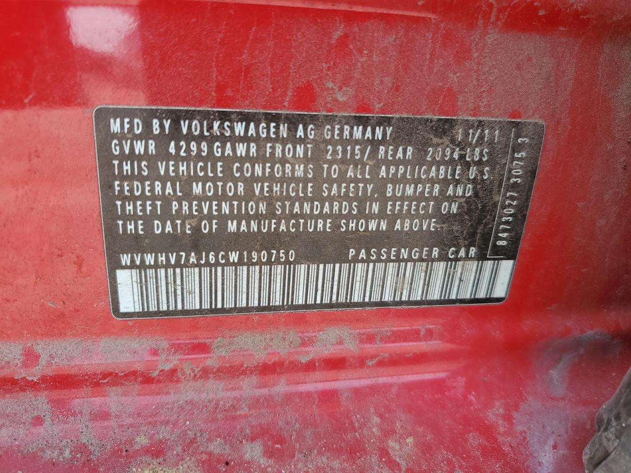 wvwhv7aj6cw190750 WVWHV7AJ6CW190750 2012 Volkswagen Gti