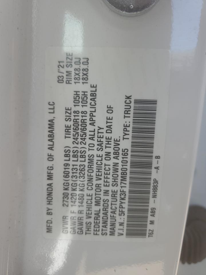 2021 Honda Ridgeline Sport VIN: 5FPYK3F17MB010165 Lot: 65376065