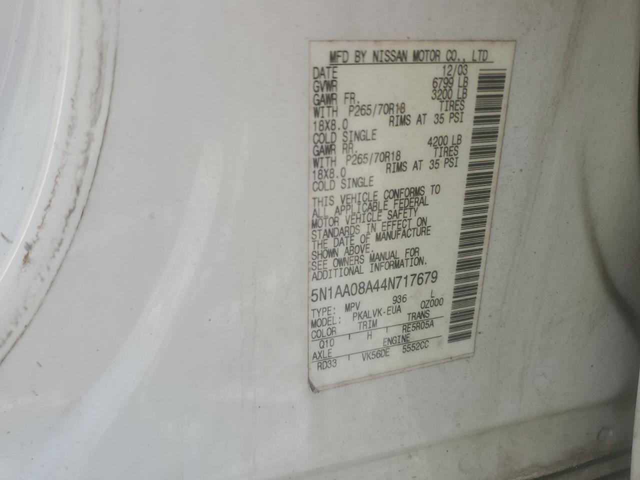2004 Nissan Armada Se VIN: 5N1AA08A44N717679 Lot: 63401515