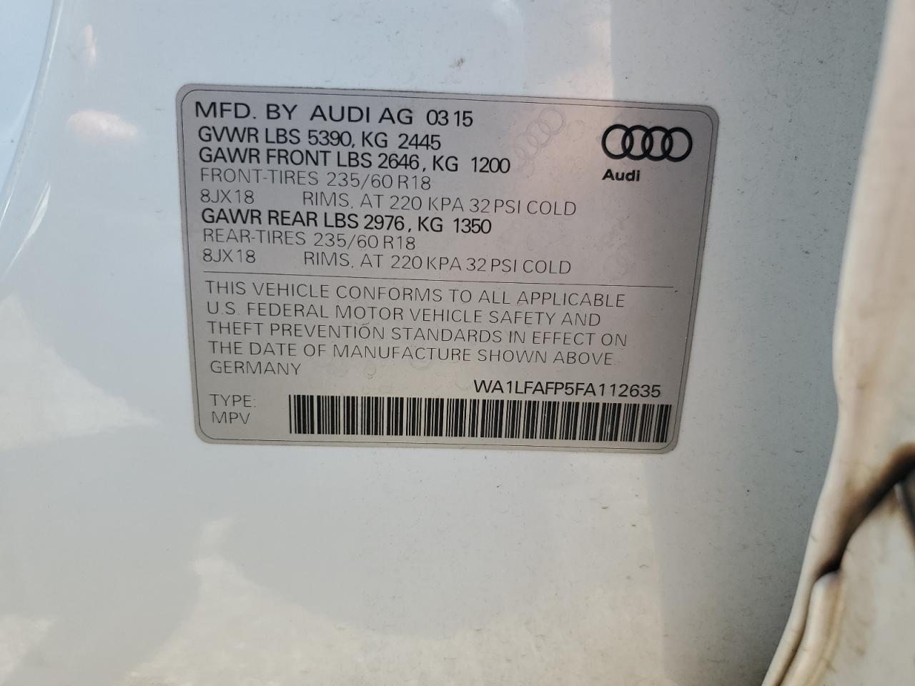 2015 Audi Q5 Premium Plus VIN: WA1LFAFP5FA112635 Lot: 64074115