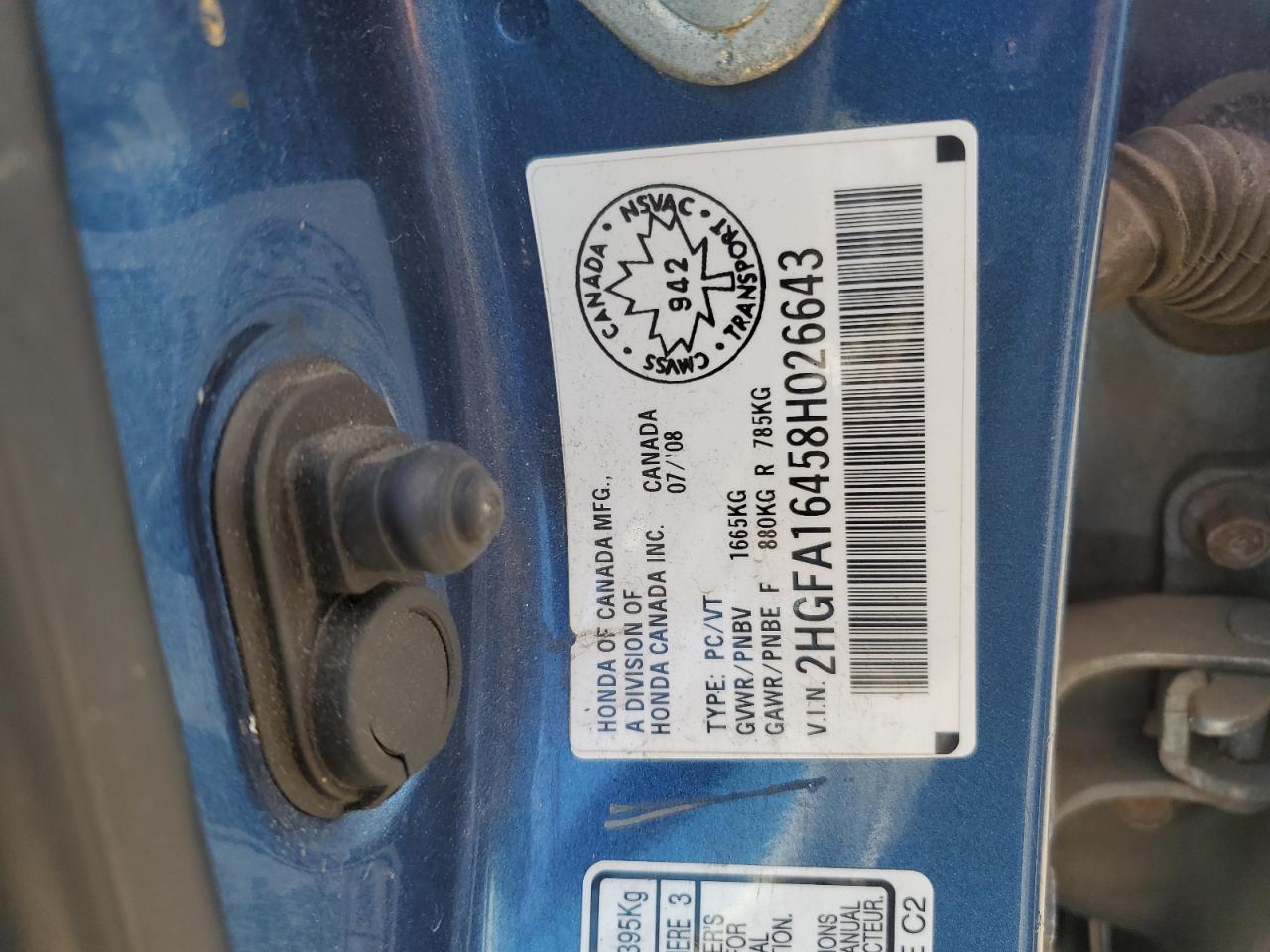 2008 Honda Civic Dx-G VIN: 2HGFA16458H026643 Lot: 62546395