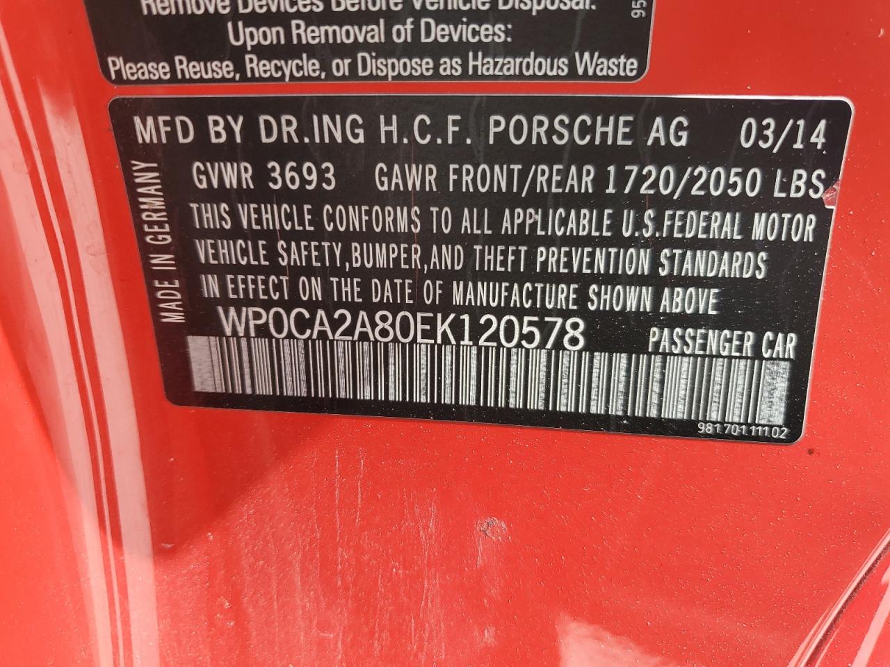 2014 Porsche Boxster VIN: WP0CA2A80EK120578 Lot: 64597415