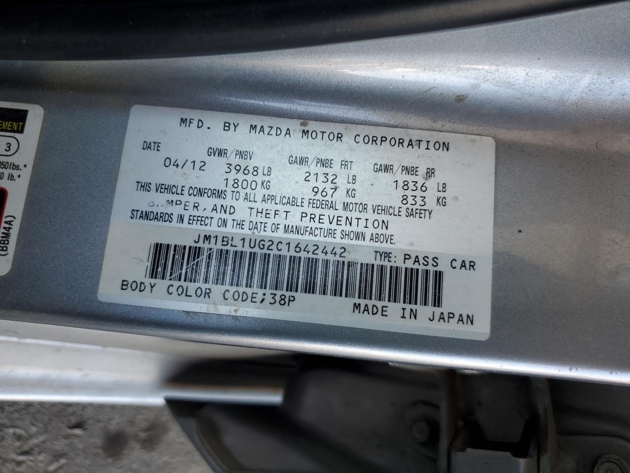 2012 Mazda 3 I VIN: JM1BL1UG2C1642442 Lot: 65446645
