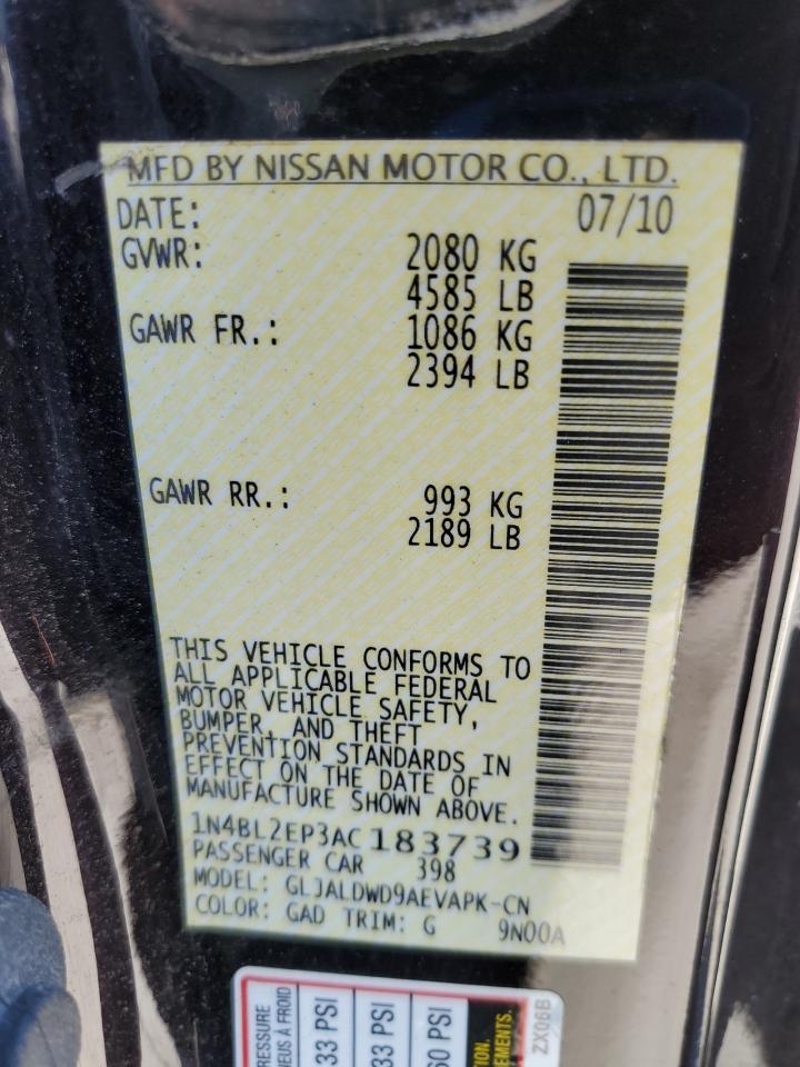 2010 Nissan Altima Sr VIN: 1N4BL2EP3AC183739 Lot: 64082205
