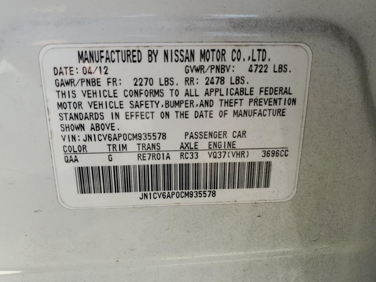 2012 Infiniti G37 Base VIN: JN1CV6AP0CM935578 Lot: 63990135