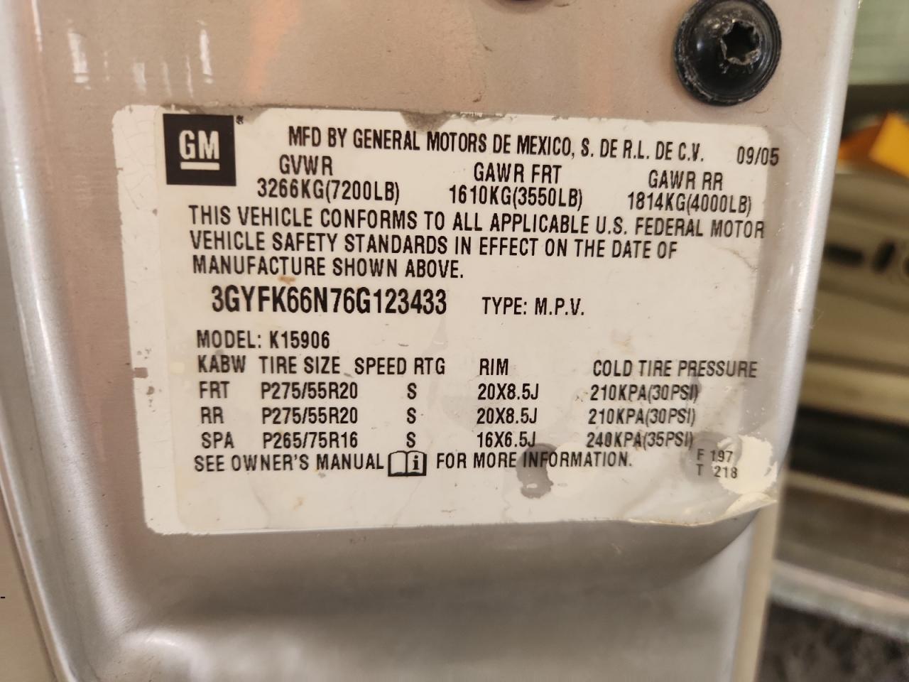 2006 Cadillac Escalade Esv VIN: 3GYFK66N76G123433 Lot: 66963475