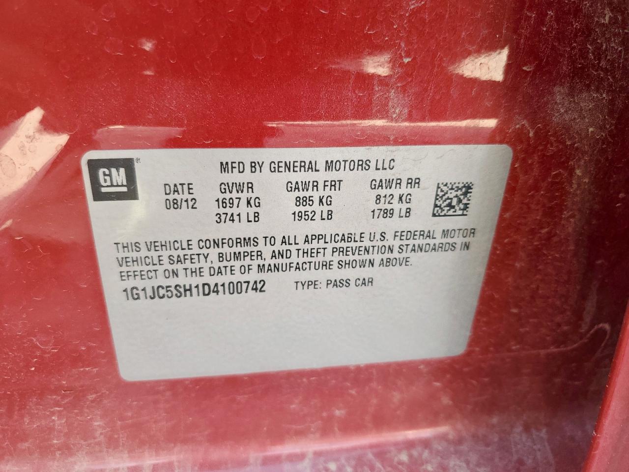 2013 Chevrolet Sonic Lt VIN: 1G1JC5SH1D4100742 Lot: 65372455