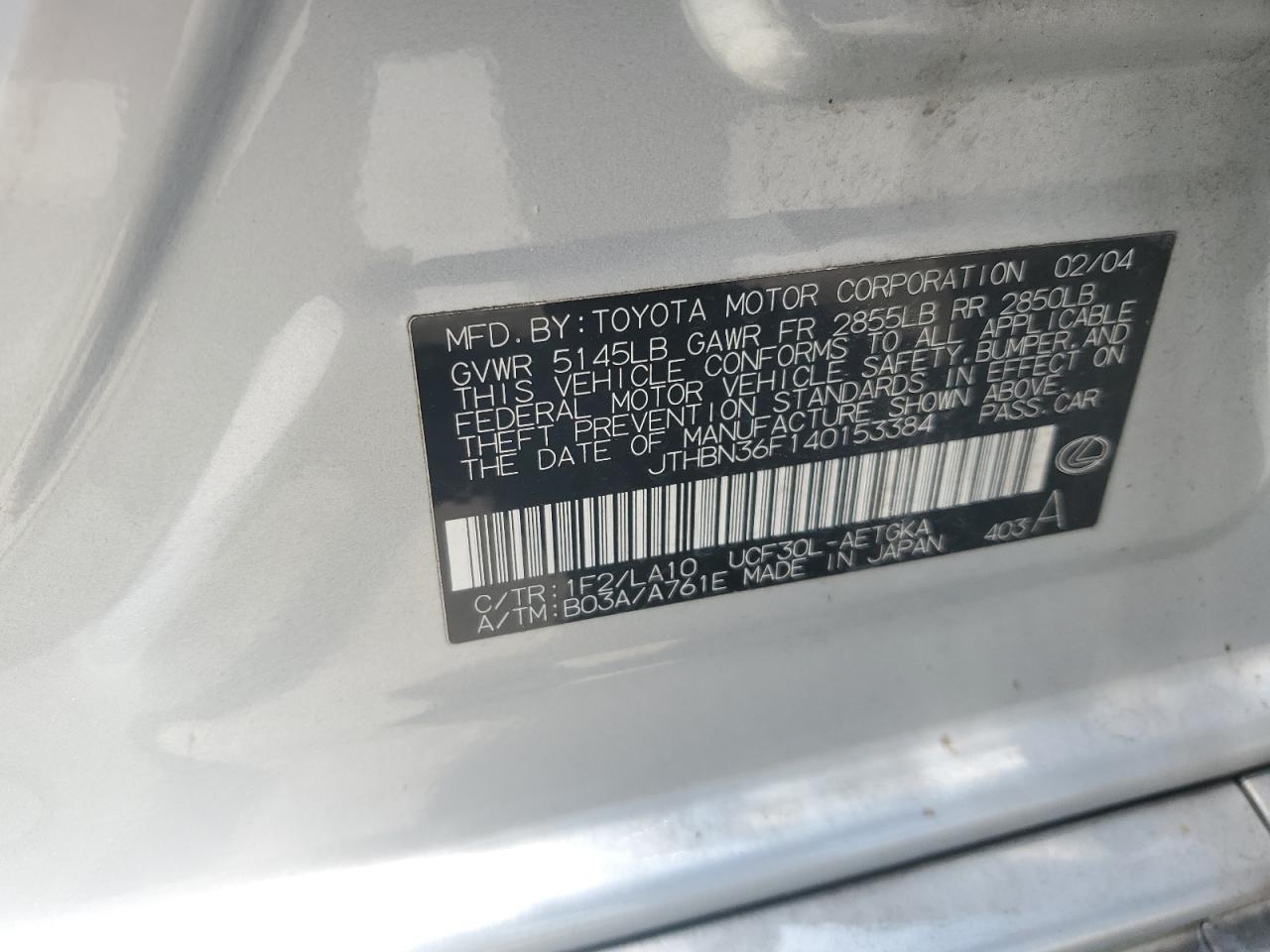 jthbn36f140153384 JTHBN36F140153384 2004 Lexus Ls 430