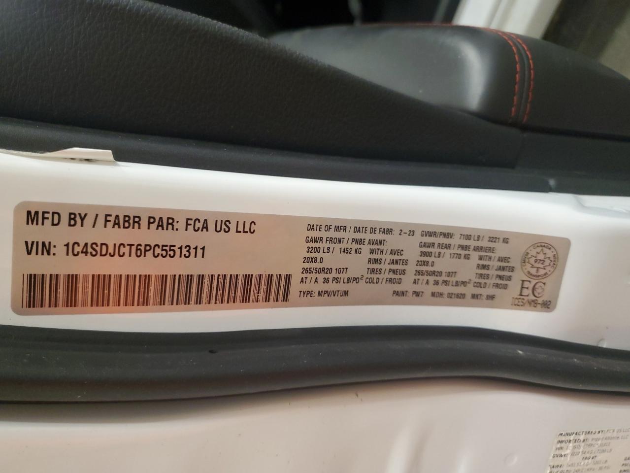 2023 Dodge Durango R/T VIN: 1C4SDJCT6PC551311 Lot: 66553235