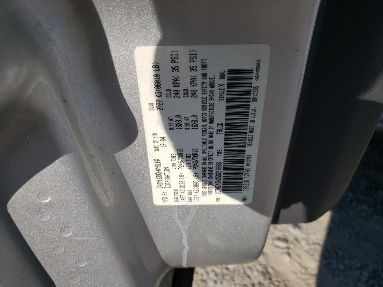 2005 Dodge Dakota Quad Slt VIN: 1D7HE48N25S218888 Lot: 64266065