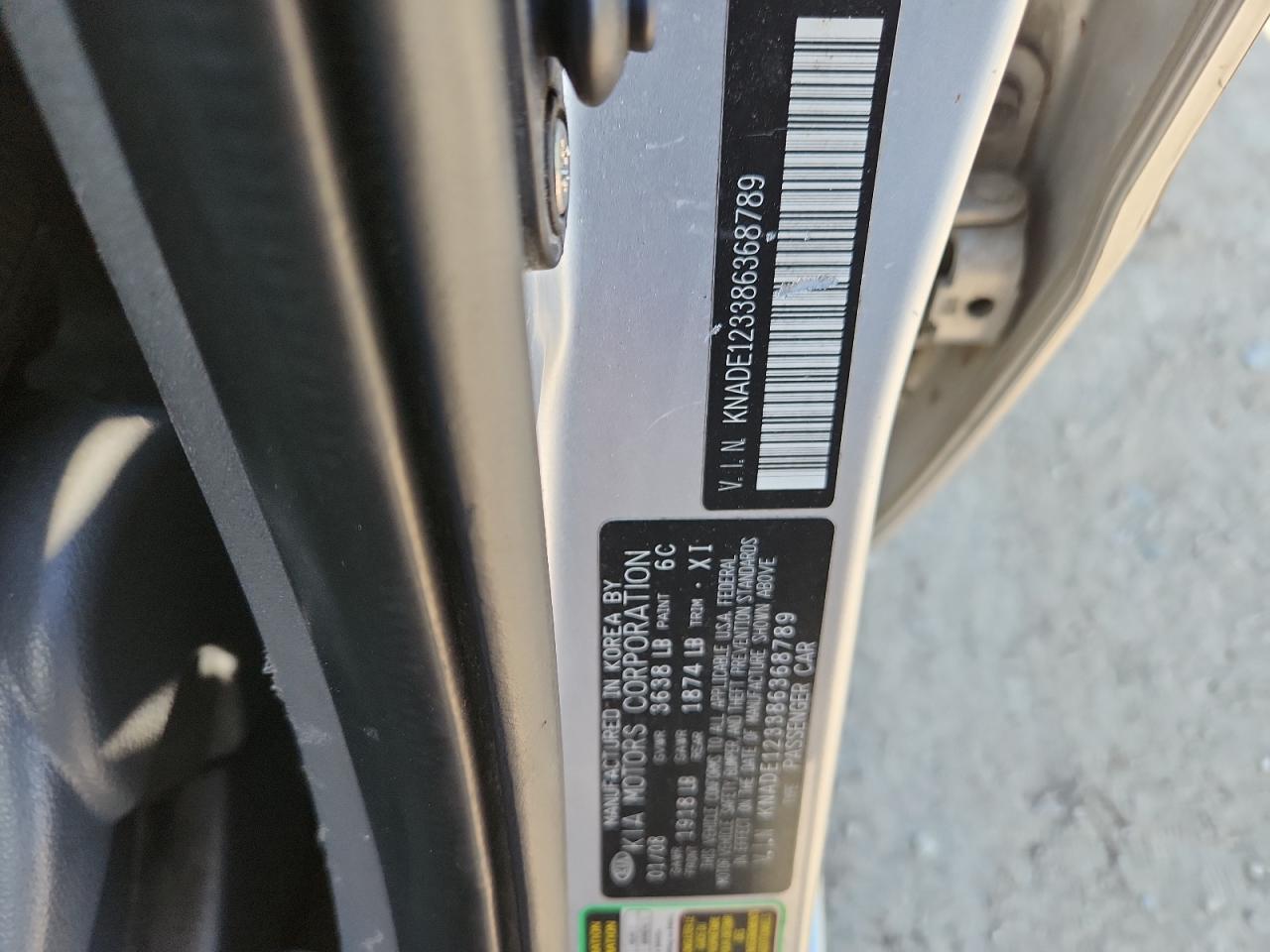 2008 Kia Rio Base VIN: KNADE123386368789 Lot: 63227395