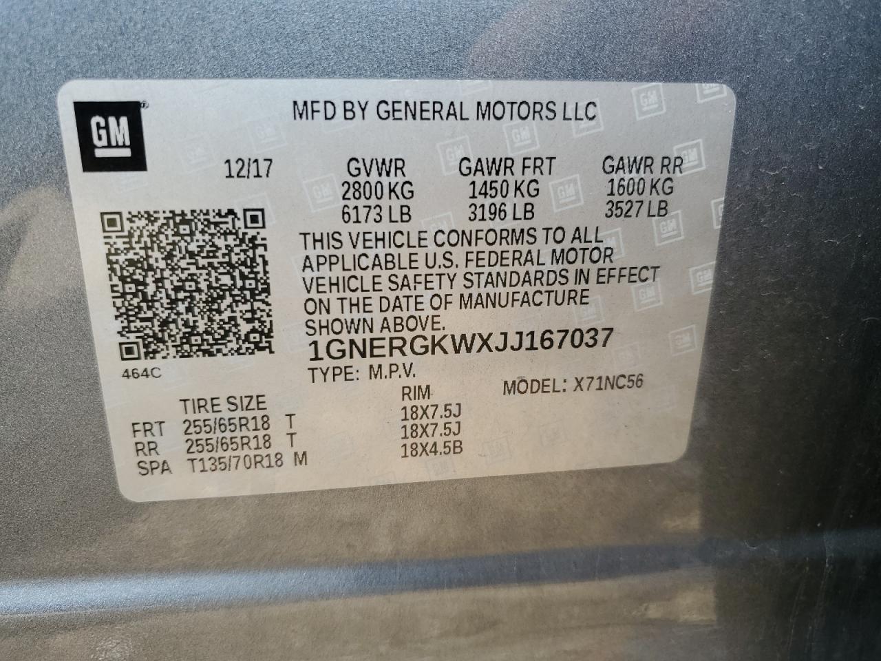 2018 Chevrolet Traverse Lt VIN: 1GNERGKWXJJ167037 Lot: 64185385