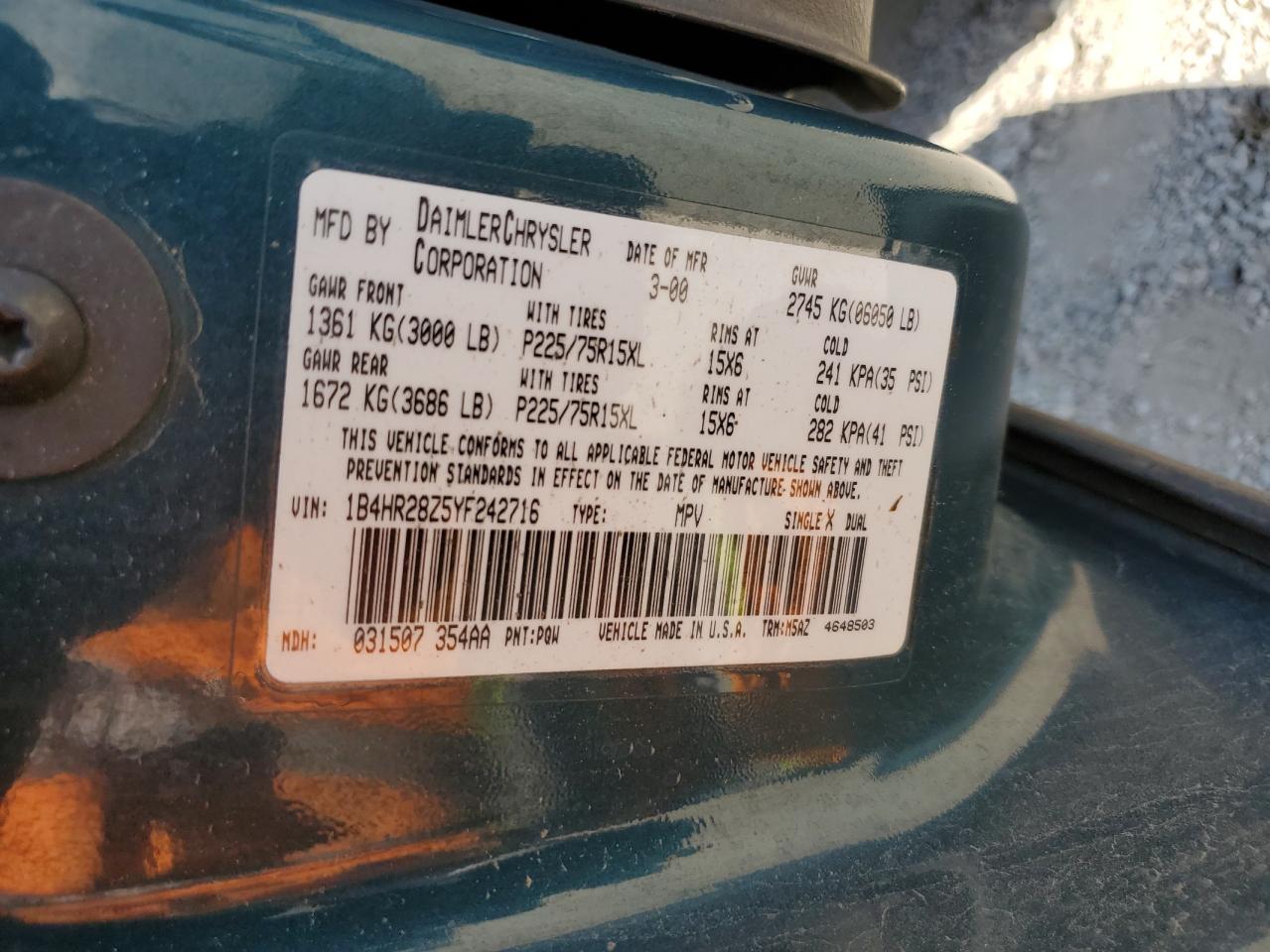 2000 Dodge Durango VIN: 1B4HR28Z5YF242716 Lot: 65978215