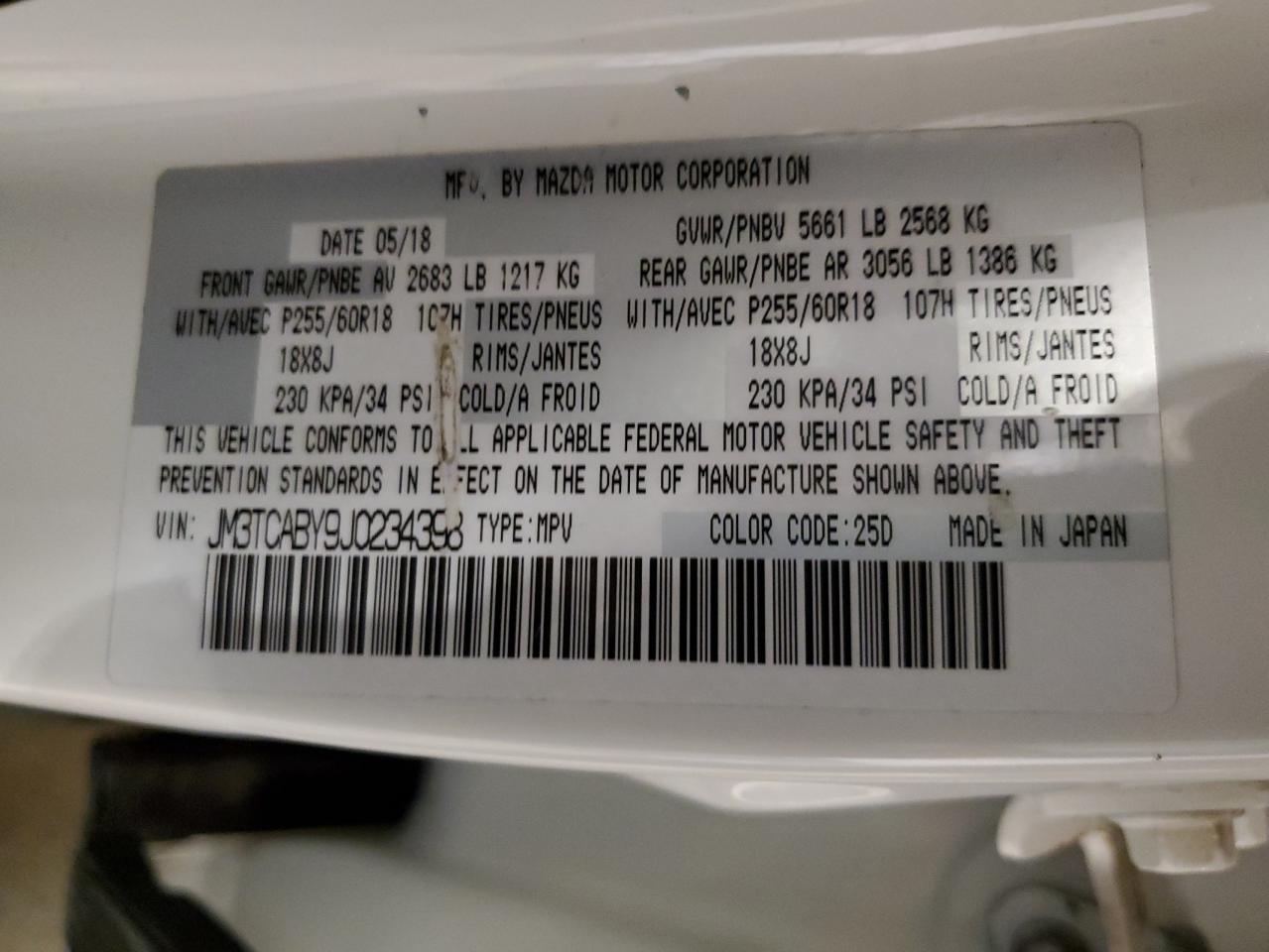 2018 Mazda Cx-9 Sport VIN: JM3TCABY9J0234398 Lot: 66680035